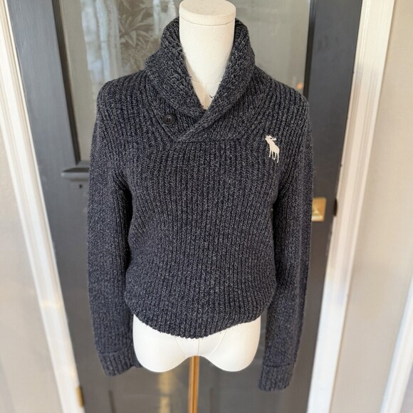 Abercrombie & Fitch Sweaters - Abercrombie & Fitch Y2K Shawl Collar Sweater Womens Small Gray Moose Logo